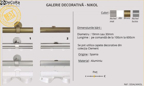 Galerie decorativa - NIKOL, fabricata in Spania, din aluminiu, cu diferite modele de capete decorative