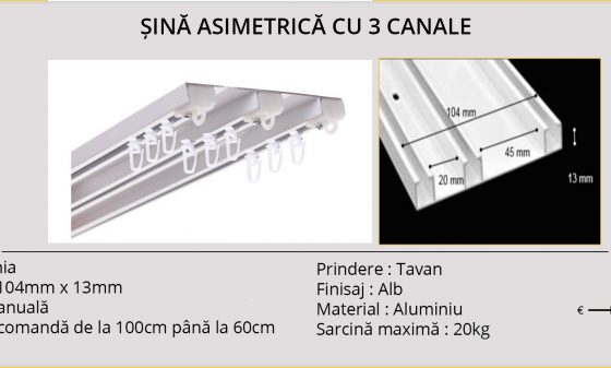 Sina asimetrica cu 3 canale, din Spania, actionare manuala, prindere in tavan, din aluminiu