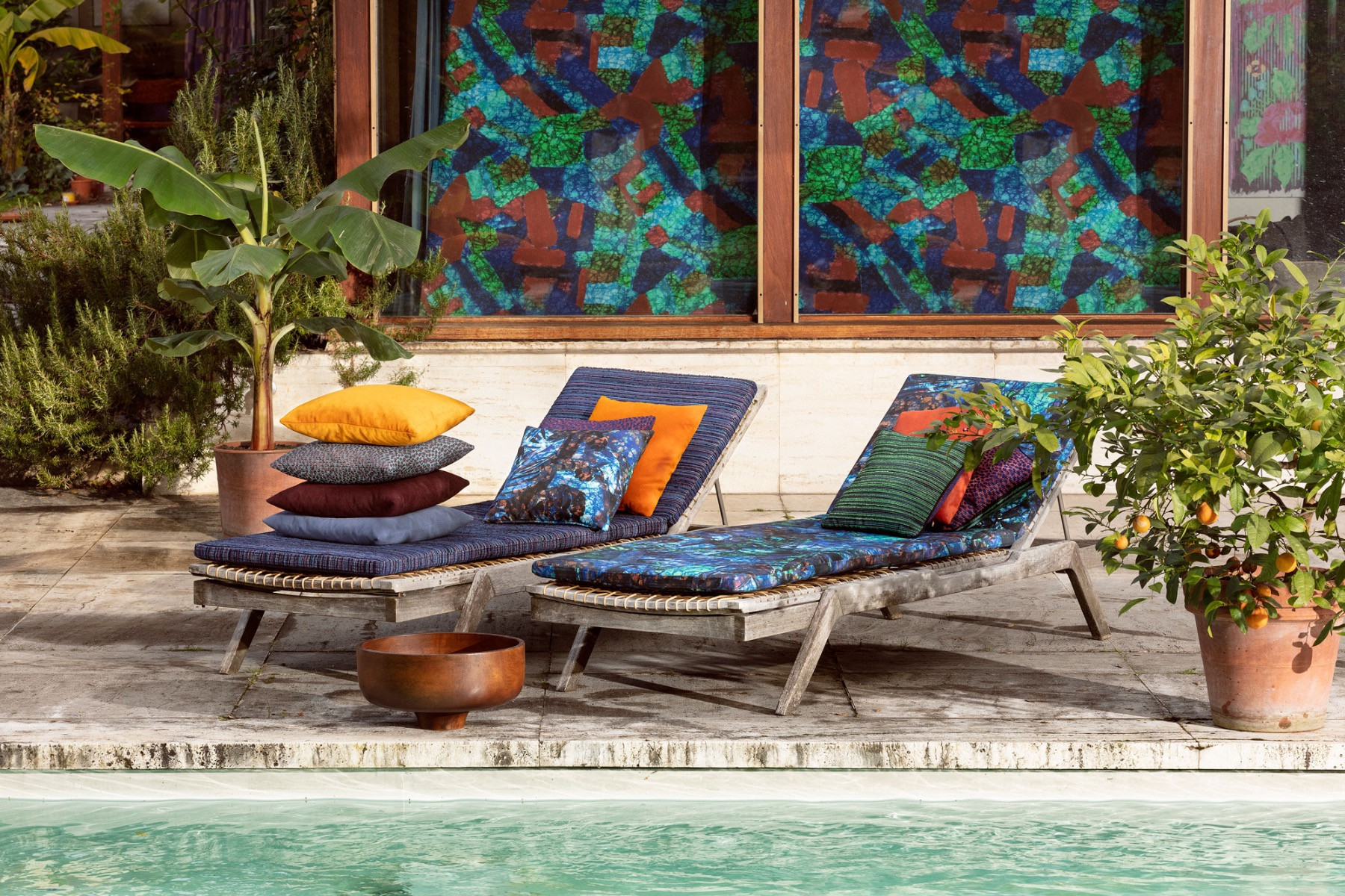 Draperie outdoor exterior multicolor abstract pictat pentru piscină – Decora Design București