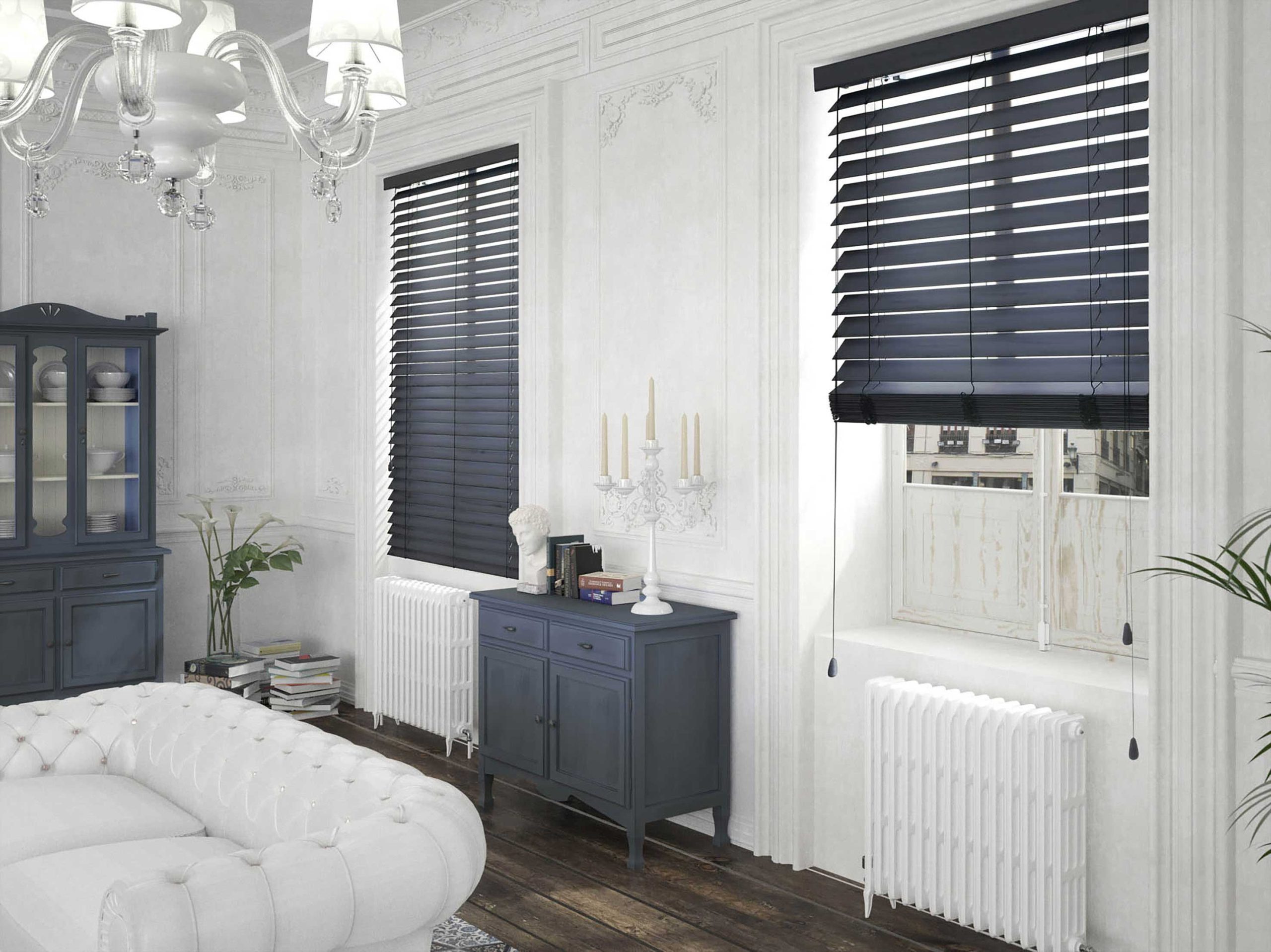 Jaluzele din lemn albastru – showroom Decora Design București