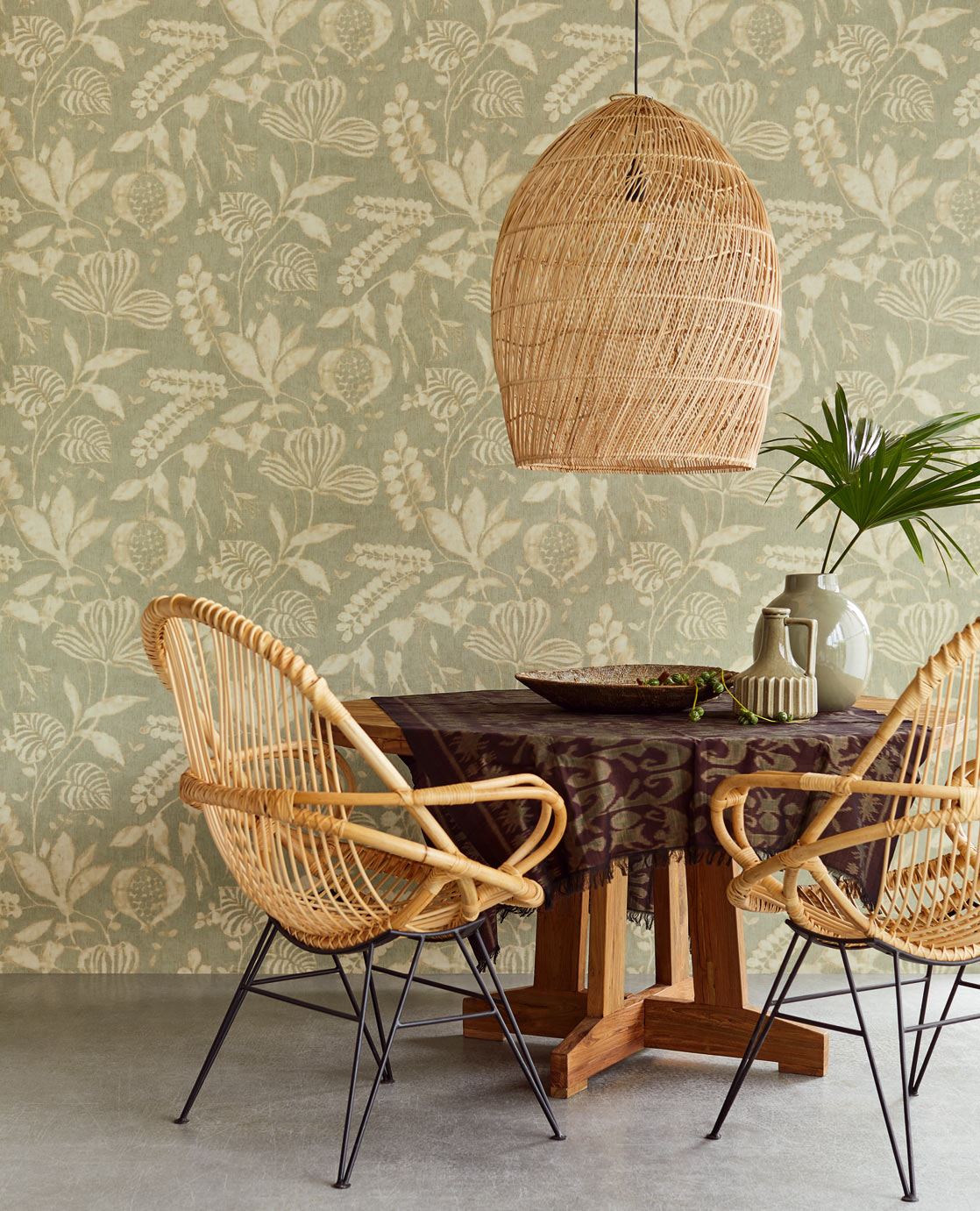 Tapet vinil lavabil verde cu flori și frunze – design botanic