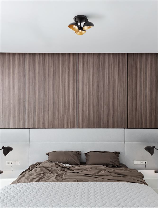 Plafonieră LED neagră cu accente aurii pentru dormitor