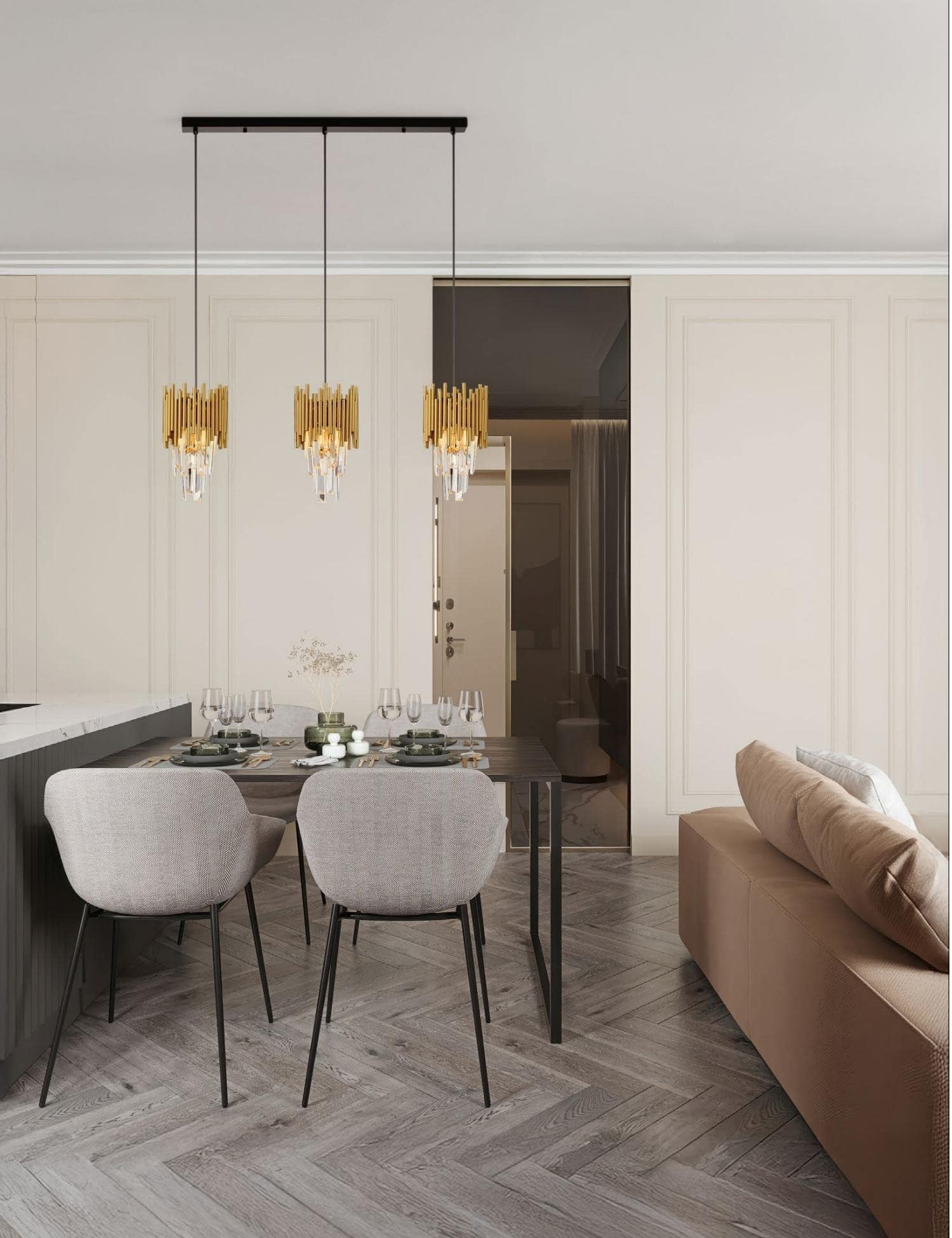 Lustră aurie cu cristale suspendată pentru bucătărie